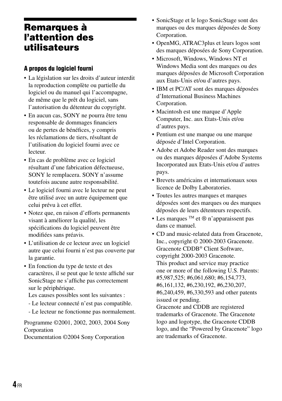 Remarques à l’attention des utilisateurs, Remarques à l’attention des, Utilisateurs | Sony NW-HD3 User Manual | Page 112 / 358