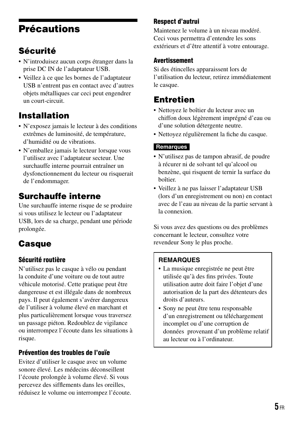 Précautions, Sécurité, Installation | Surchauffe interne, Casque, Entretien, 5 installation, 5 surchauffe interne, 5 casque, 5 entretien | Sony NW-HD3 User Manual | Page 113 / 358