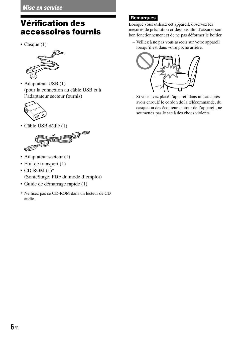 Mise en service, Vérification des accessoires fournis | Sony NW-HD3 User Manual | Page 114 / 358