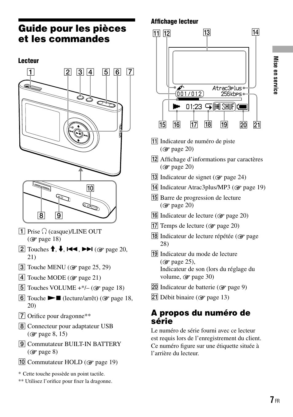 Guide pour les pièces et les commandes, A propos du numéro de série, Guide pour les pièces et les | Commandes | Sony NW-HD3 User Manual | Page 115 / 358