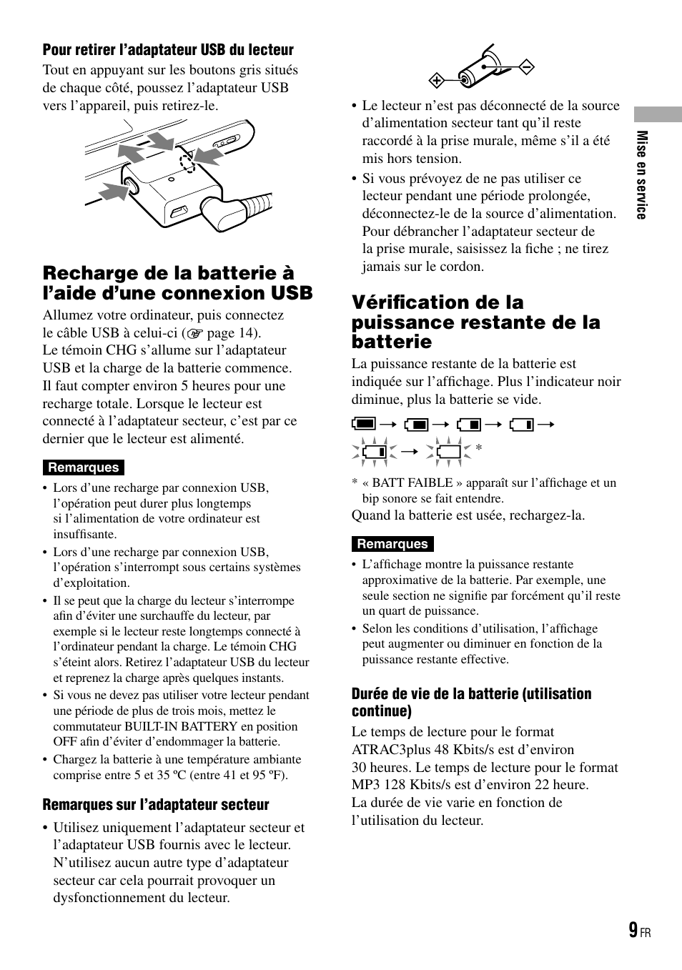 Recharge de la batterie à l’aide d’une, Connexion usb, Vérification de la puissance restante | De la batterie | Sony NW-HD3 User Manual | Page 117 / 358