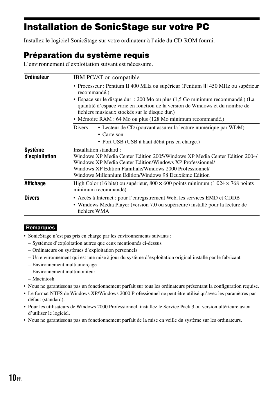 Installation de sonicstage sur votre pc, Préparation du système requis, Installation de sonicstage sur | Votre pc | Sony NW-HD3 User Manual | Page 118 / 358
