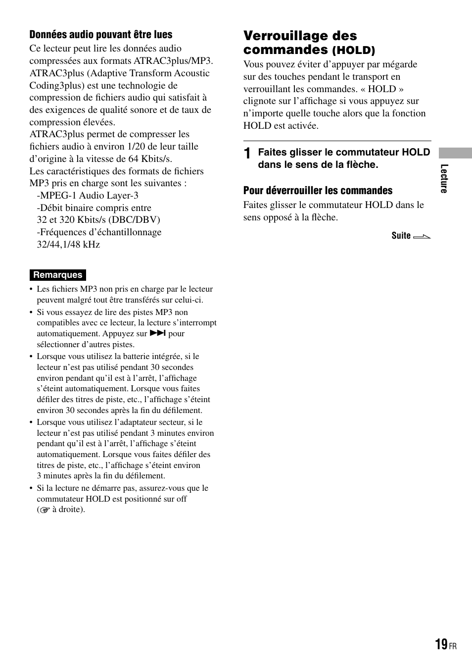 Verrouillage des commandes (hold), Verrouillage des commandes | Sony NW-HD3 User Manual | Page 127 / 358