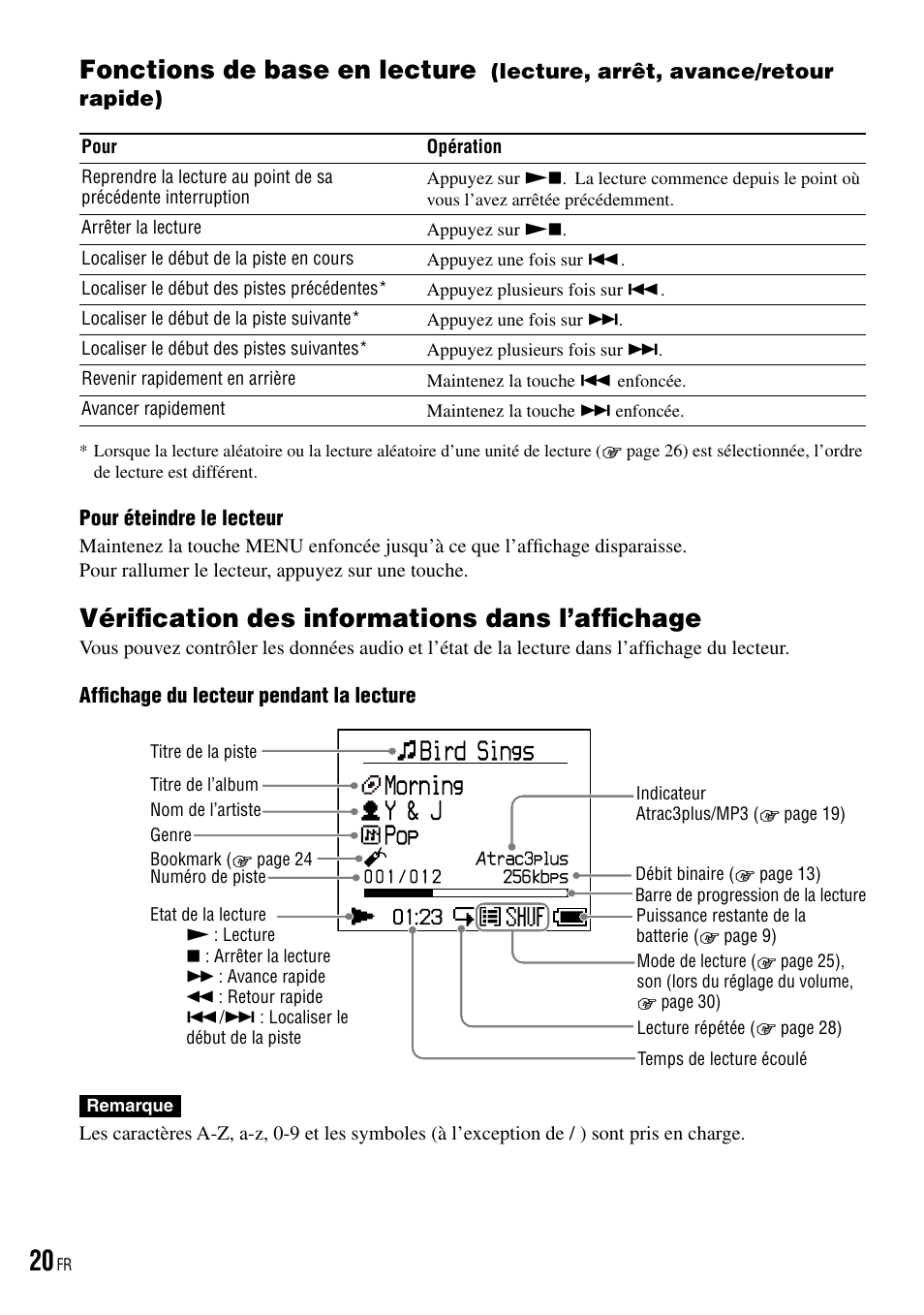 Vérification des informations dans l’affichage, Fonctions de base en lecture, Lecture, arrêt, avance/retour rapide) | Vérification des informations dans, L’affichage | Sony NW-HD3 User Manual | Page 128 / 358