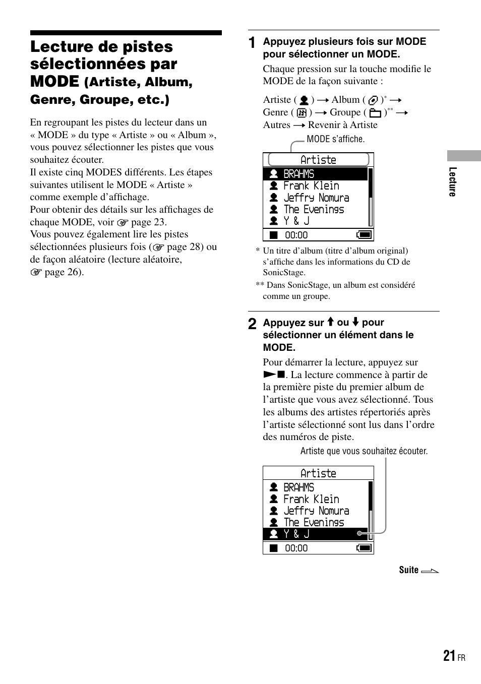 Lecture de pistes sélectionnées par, Mode (artiste, album, genre, groupe, etc.), Lecture de pistes sélectionnées par mode | Artiste, album, genre, groupe, etc.) | Sony NW-HD3 User Manual | Page 129 / 358