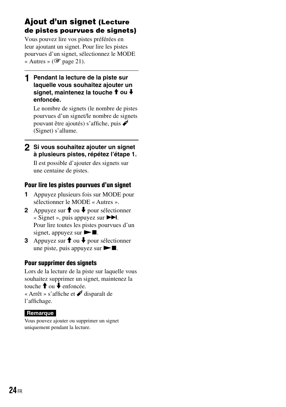 Ajout d’un signet (lecture de pistes, Pourvues de signets), Ajout d’un signet | Sony NW-HD3 User Manual | Page 132 / 358
