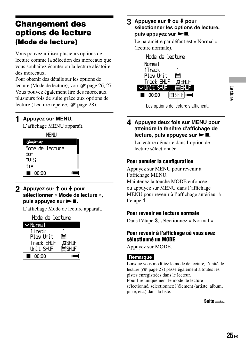 Changement des options de lecture, Mode de lecture) | Sony NW-HD3 User Manual | Page 133 / 358