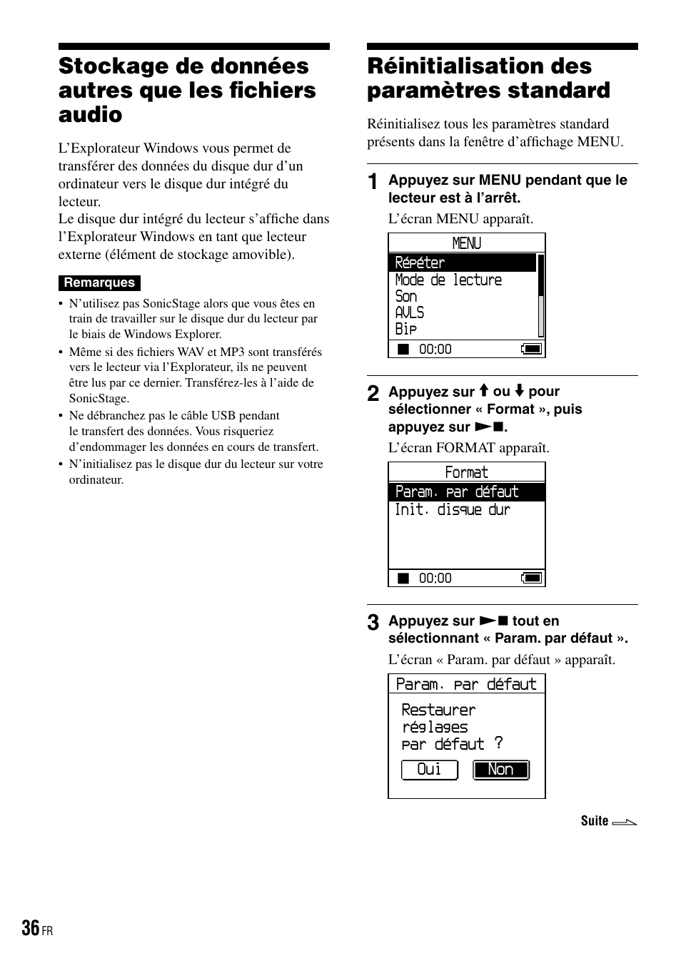 Stockage de données autres que les fichiers audio, Réinitialisation des paramètres standard, Stockage de données autres que | Les fichiers audio, Réinitialisation des paramètres, Standard | Sony NW-HD3 User Manual | Page 144 / 358