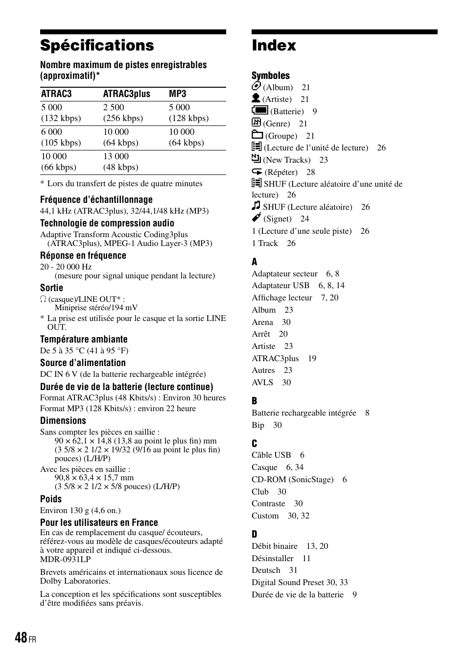 Spécifications, Index, 48 index | Sony NW-HD3 User Manual | Page 156 / 358