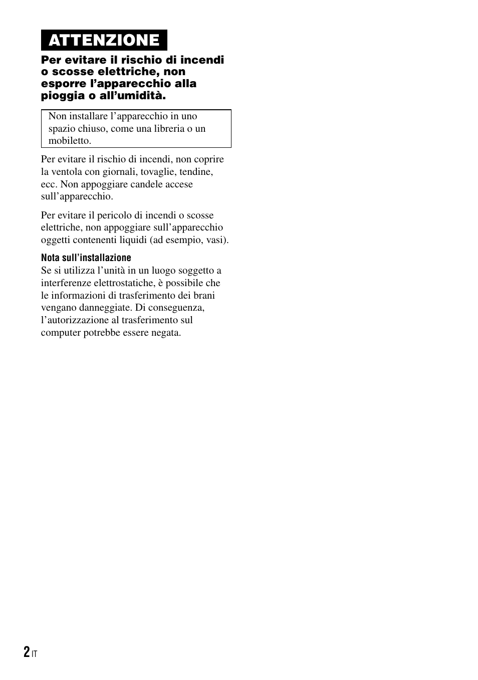 Attenzione | Sony NW-HD3 User Manual | Page 160 / 358