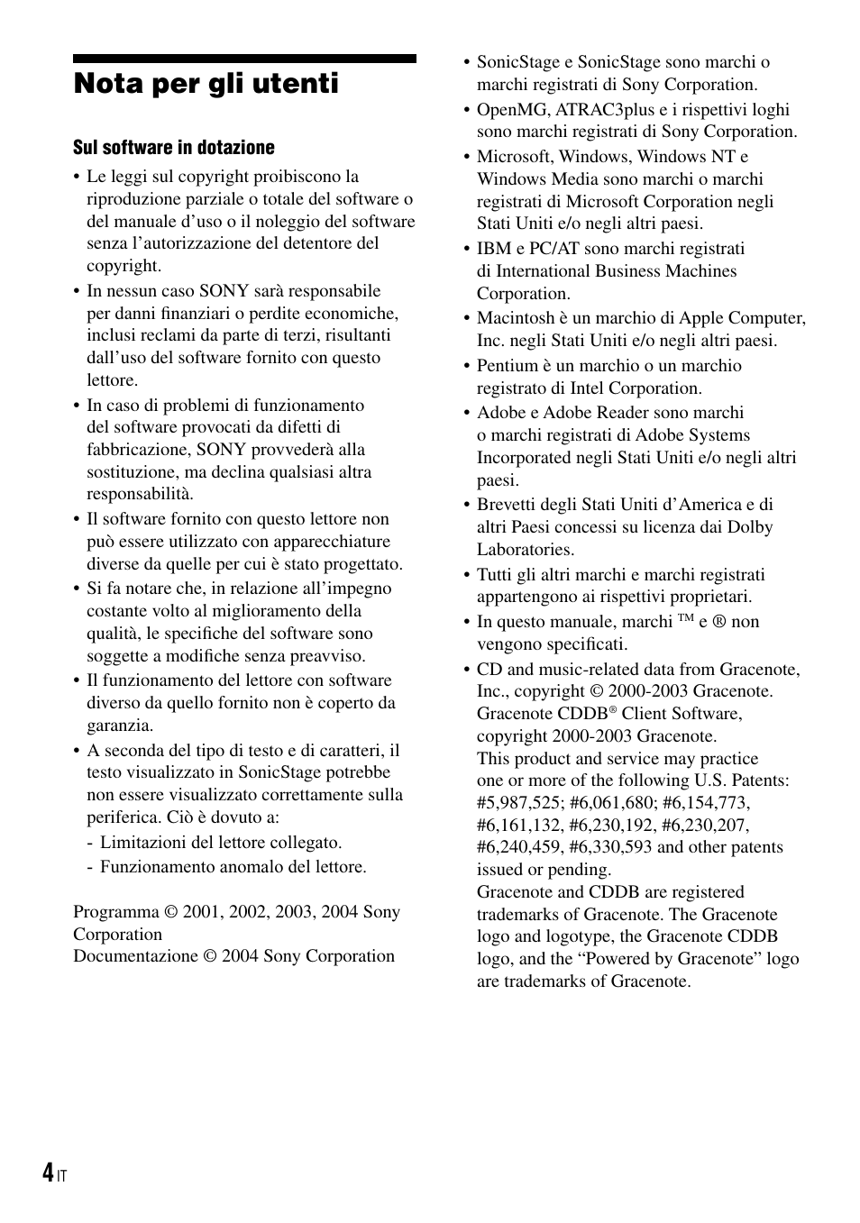 Nota per gli utenti | Sony NW-HD3 User Manual | Page 162 / 358