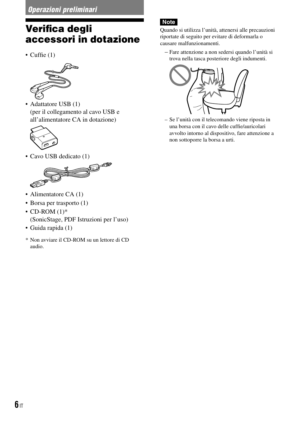 Operazioni preliminari, Verifica degli accessori in dotazione | Sony NW-HD3 User Manual | Page 164 / 358