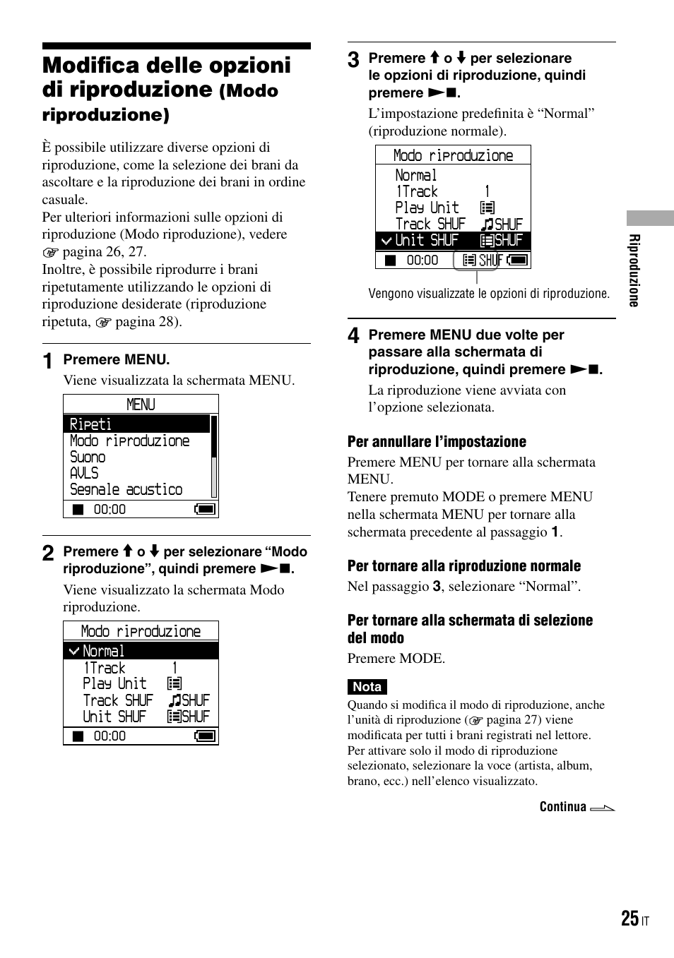 Modifica delle opzioni di riproduzione, Modo riproduzione) | Sony NW-HD3 User Manual | Page 183 / 358