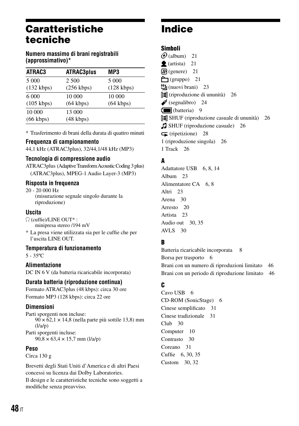 Caratteristiche tecniche, Indice, 48 indice | Sony NW-HD3 User Manual | Page 206 / 358