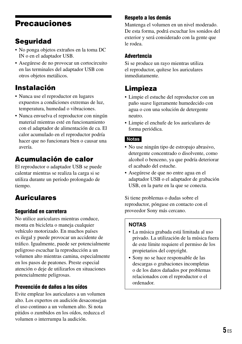 Precauciones, Seguridad, Instalación | Acumulación de calor, Auriculares, Limpieza | Sony NW-HD3 User Manual | Page 213 / 358
