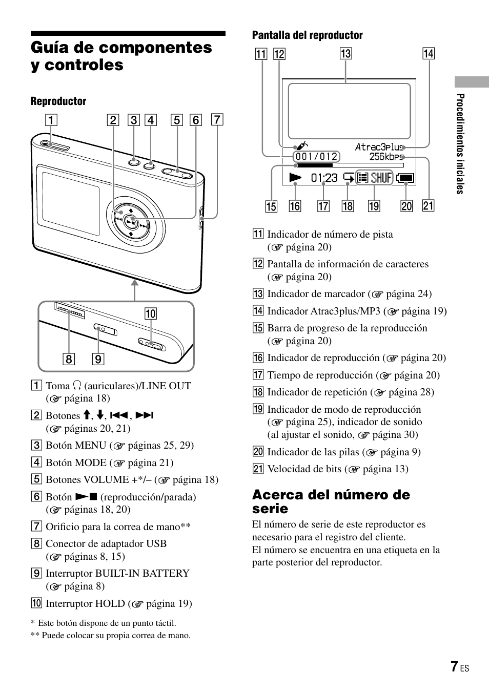 Guía de componentes y controles, Acerca del número de serie | Sony NW-HD3 User Manual | Page 215 / 358