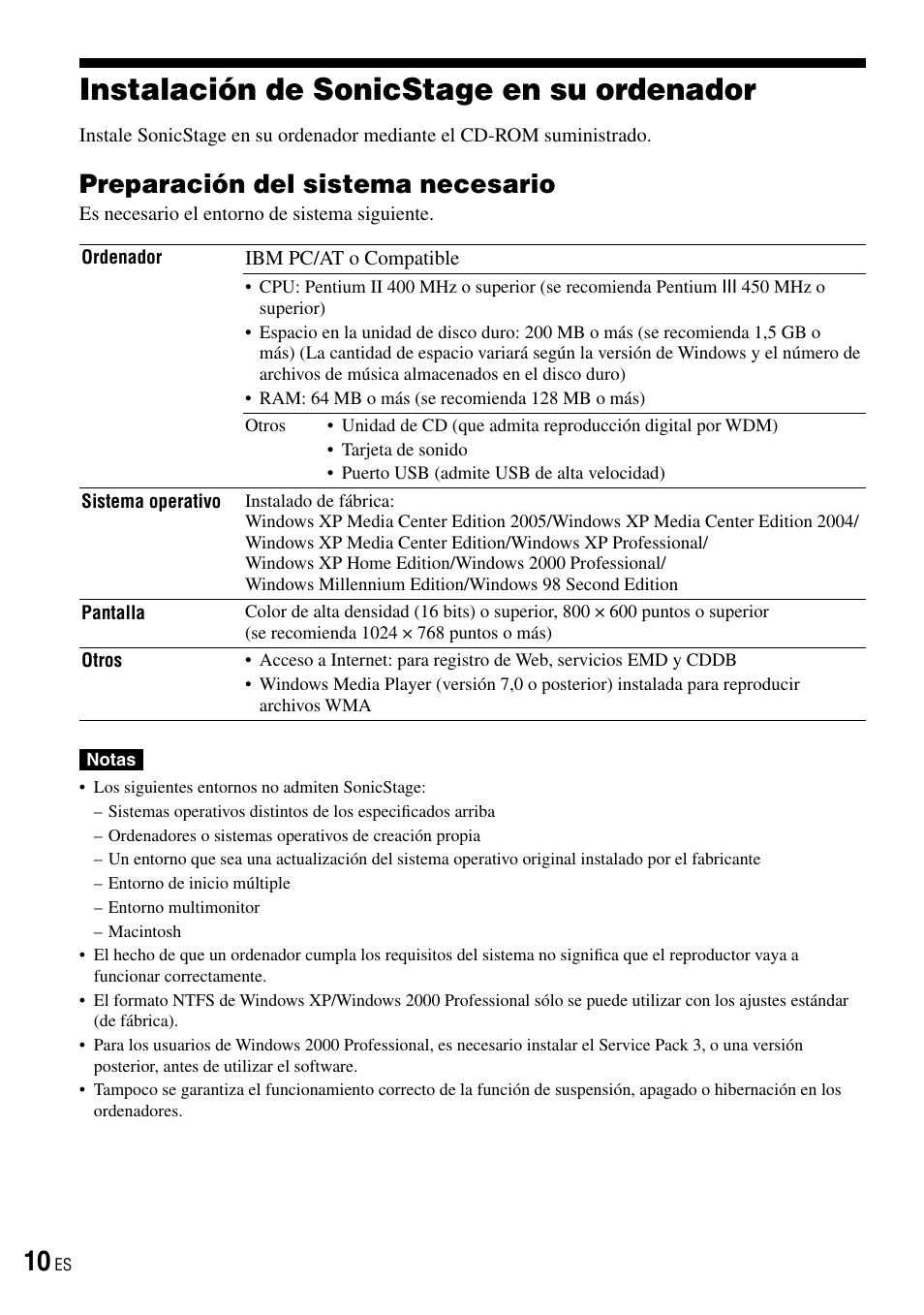 Instalación de sonicstage en su ordenador, Preparación del sistema necesario, Instalación de sonicstage en su | Ordenador | Sony NW-HD3 User Manual | Page 218 / 358