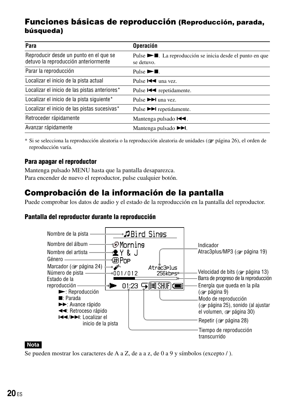 Comprobación de la información de la pantalla, Funciones básicas de reproducción, Reproducción, parada, búsqueda) | Comprobación de la información de la, Pantalla | Sony NW-HD3 User Manual | Page 228 / 358