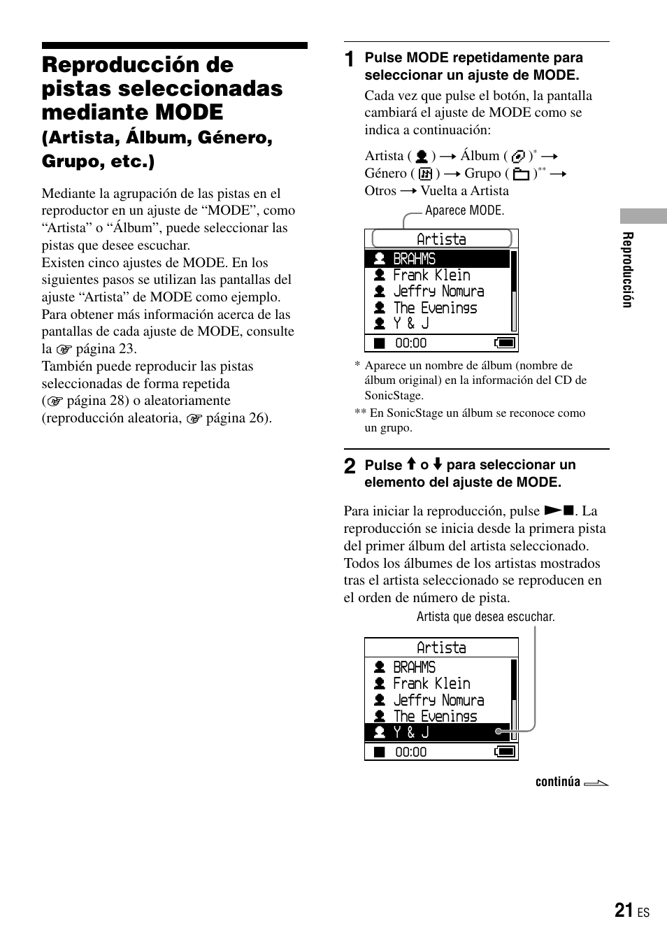 Reproducción de pistas seleccionadas, Reproducción de pistas seleccionadas mediante mode, Artista, álbum, género, grupo, etc.) | Sony NW-HD3 User Manual | Page 229 / 358