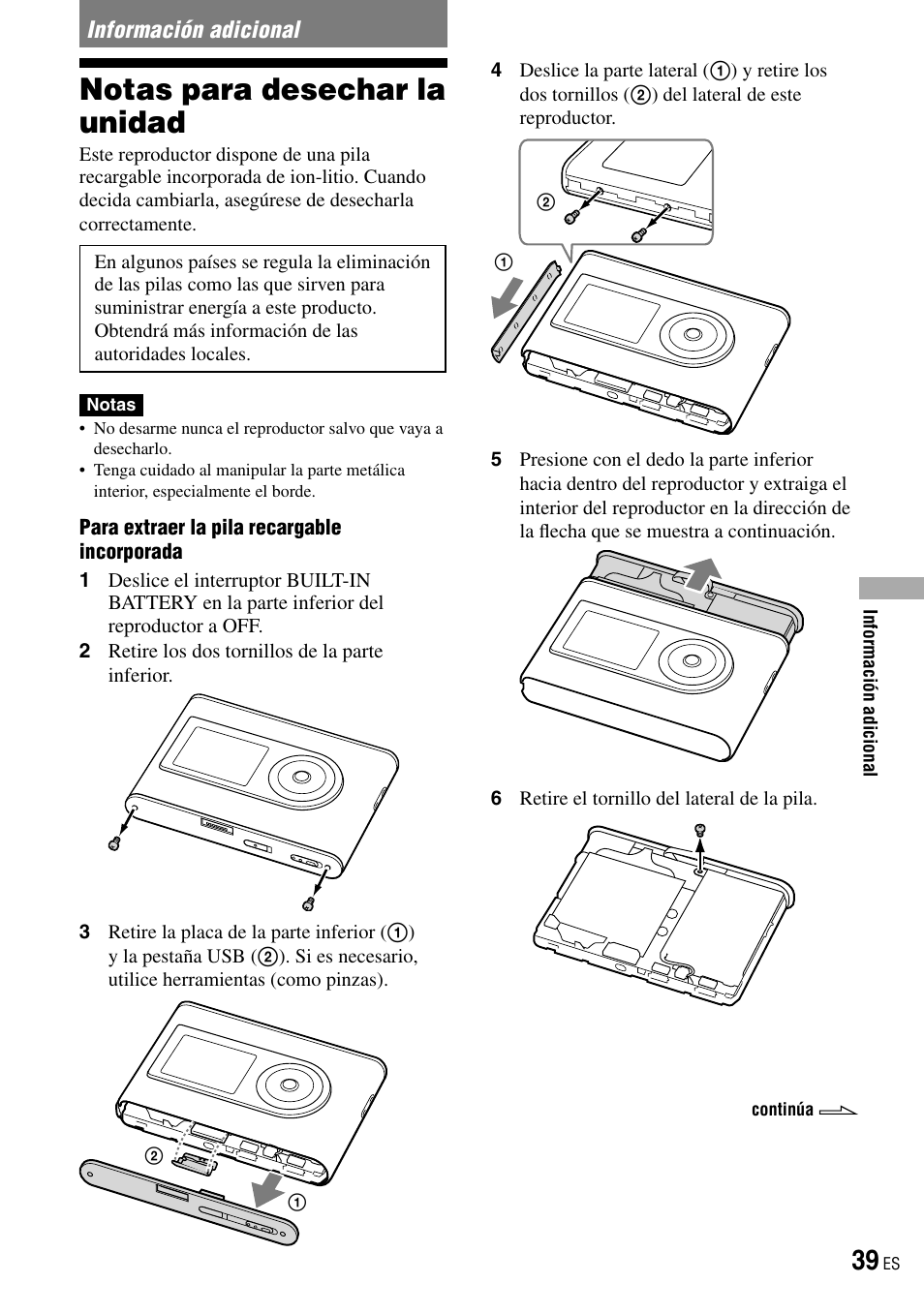 Información adicional, Notas para desechar la unidad | Sony NW-HD3 User Manual | Page 247 / 358