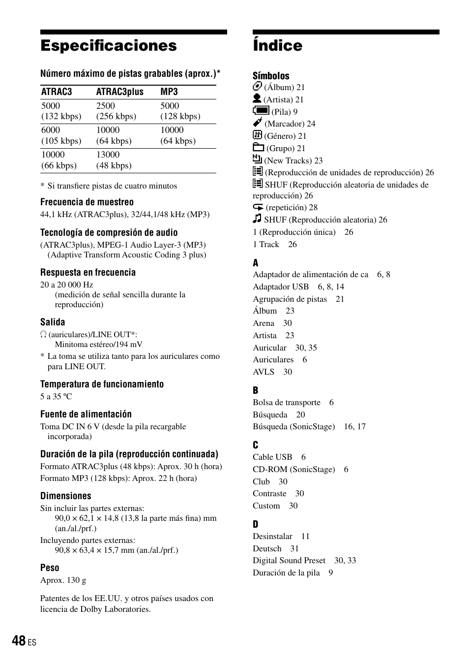 Especificaciones, Índice | Sony NW-HD3 User Manual | Page 256 / 358