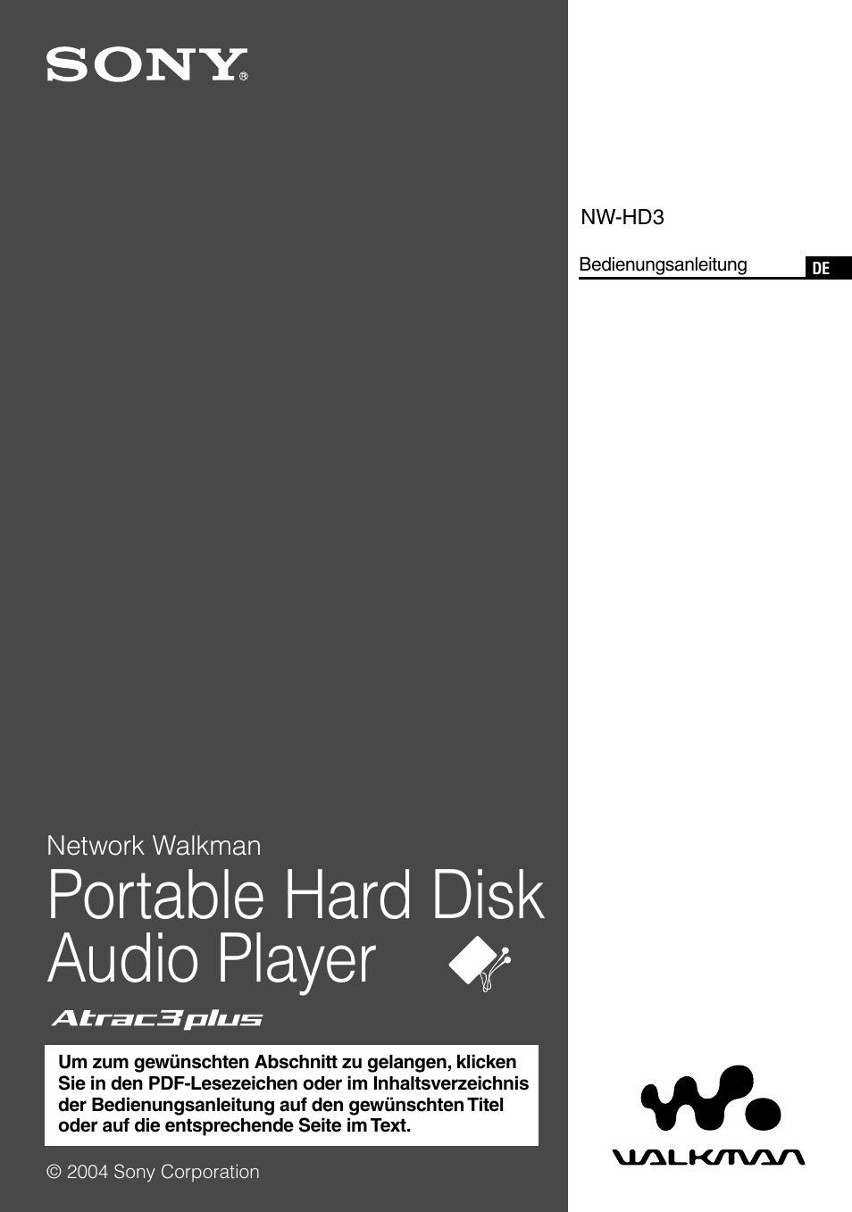 Deutsch, Bedienungsanleitung, Portable hard disk audio player | Sony NW-HD3 User Manual | Page 259 / 358