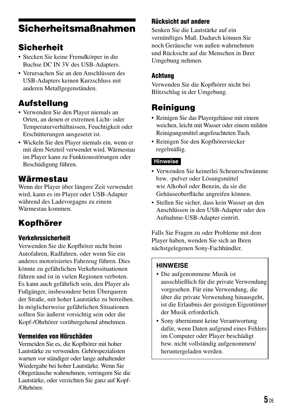 Sicherheitsmaßnahmen, Sicherheit, Aufstellung | Wärmestau, Kopfhörer, Reinigung, 5 aufstellung, 5 wärmestau, 5 kopfhörer, 5 reinigung | Sony NW-HD3 User Manual | Page 263 / 358