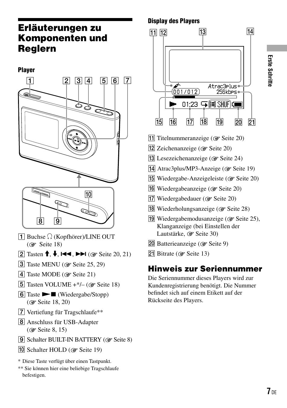 Erläuterungen zu komponenten und reglern, Hinweis zur seriennummer, Erläuterungen zu komponenten und | Reglern | Sony NW-HD3 User Manual | Page 265 / 358