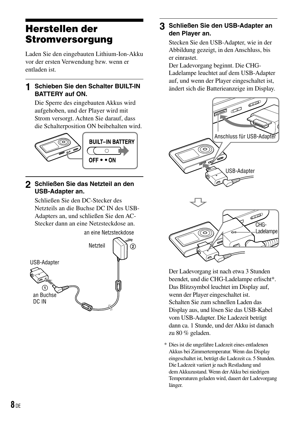 Herstellen der stromversorgung, Seite 8, 15), Seite 8) | Sony NW-HD3 User Manual | Page 266 / 358