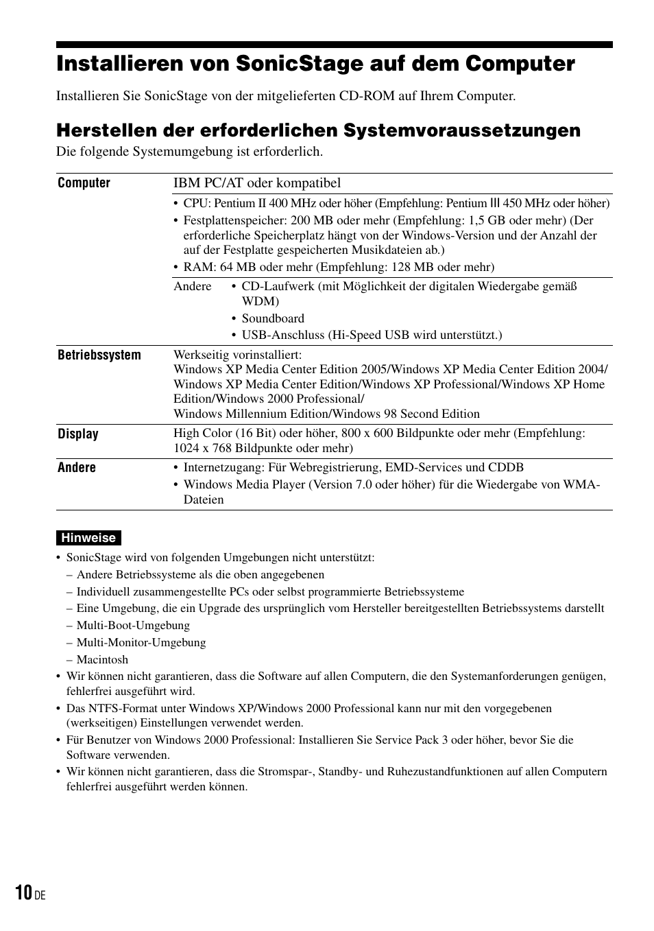 Installieren von sonicstage auf dem computer, Installieren von sonicstage auf dem, Computer | Herstellen der erforderlichen, Systemvoraussetzungen | Sony NW-HD3 User Manual | Page 268 / 358