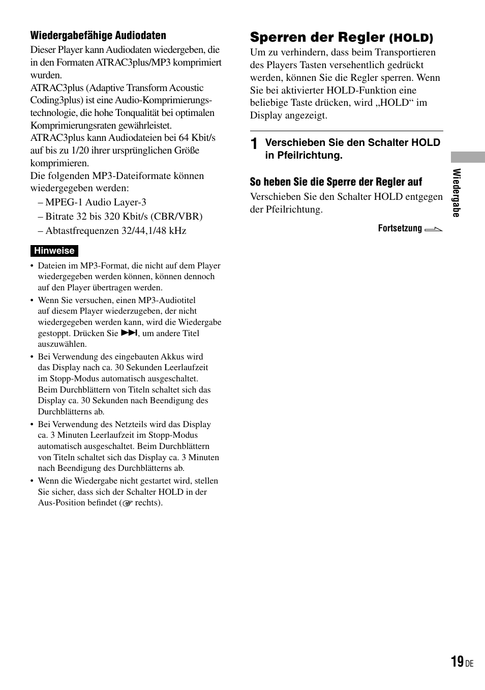Sperren der regler (hold), Schalter hold ( seite 19), Atrac3plus/mp3-anzeige ( seite 19) | Sperren der regler | Sony NW-HD3 User Manual | Page 277 / 358