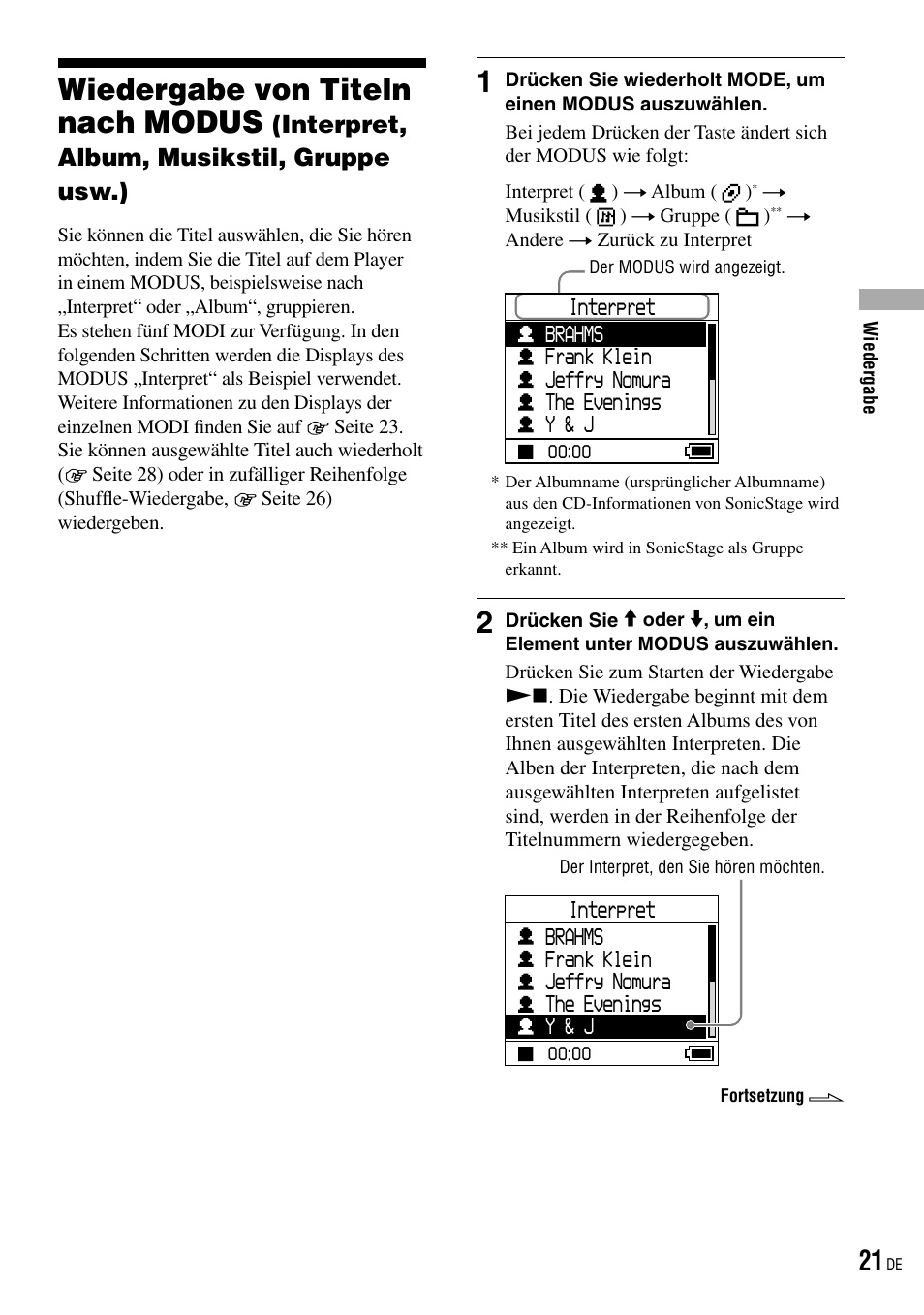 Wiedergabe von titeln nach modus, Interpret, album, musikstil, gruppe usw.), Seite 21) | Sony NW-HD3 User Manual | Page 279 / 358