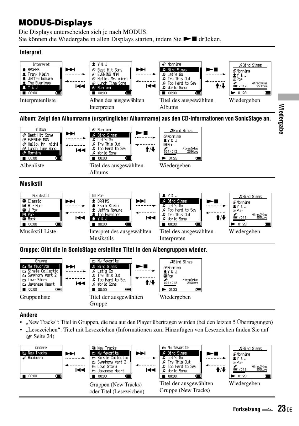 Modus-displays, Seite 23, Drücken | Sony NW-HD3 User Manual | Page 281 / 358