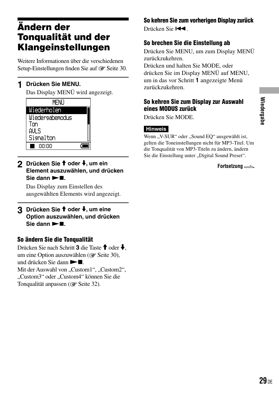 Ändern der tonqualität und der klangeinstellungen, Ändern der tonqualität und der, Klangeinstellungen | Seite 29) | Sony NW-HD3 User Manual | Page 287 / 358