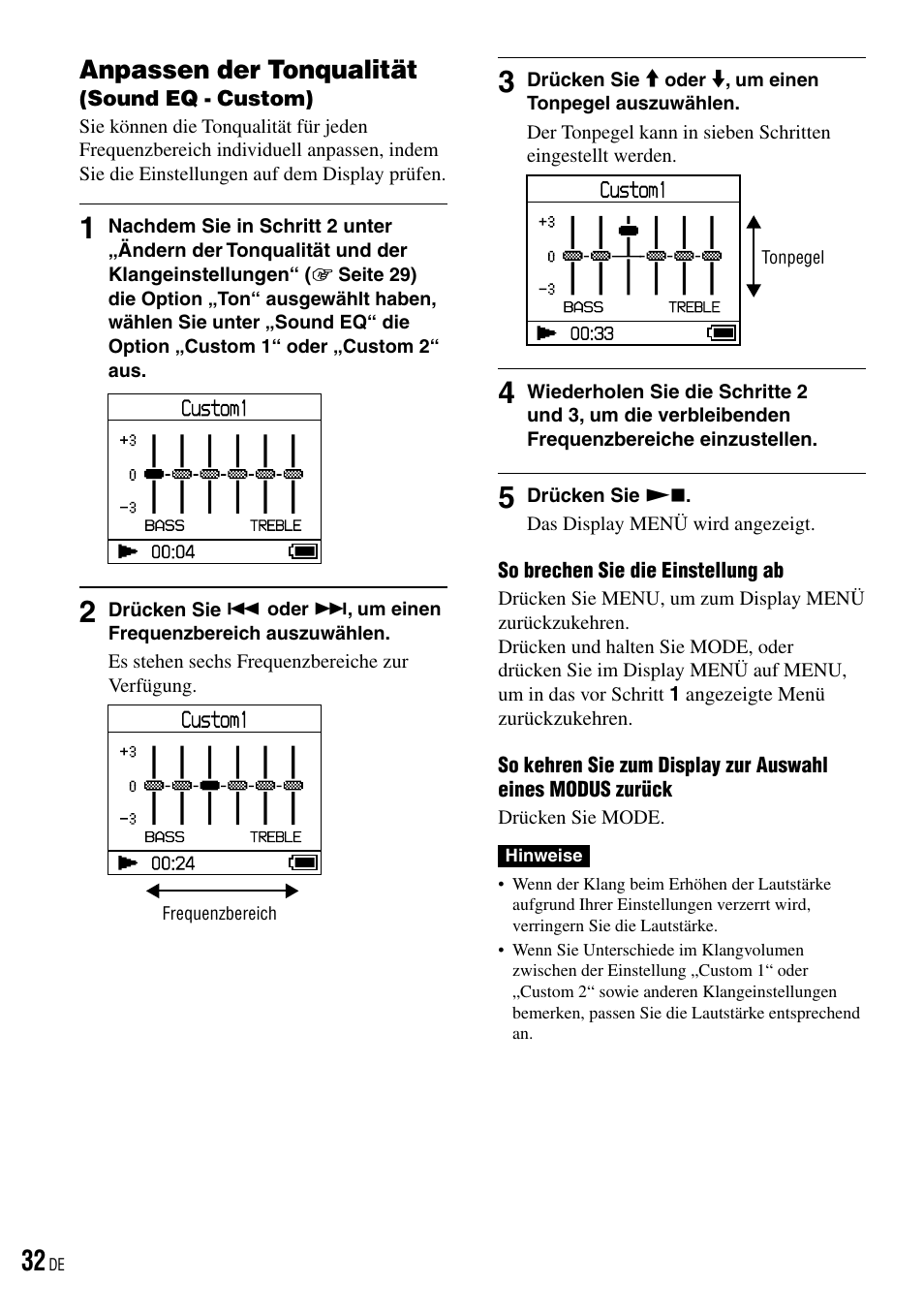 Anpassen der tonqualität (sound eq - custom), Anpassen der tonqualität, Sound eq - custom) | Seite 32), Weitere informationen auf seite 32) | Sony NW-HD3 User Manual | Page 290 / 358