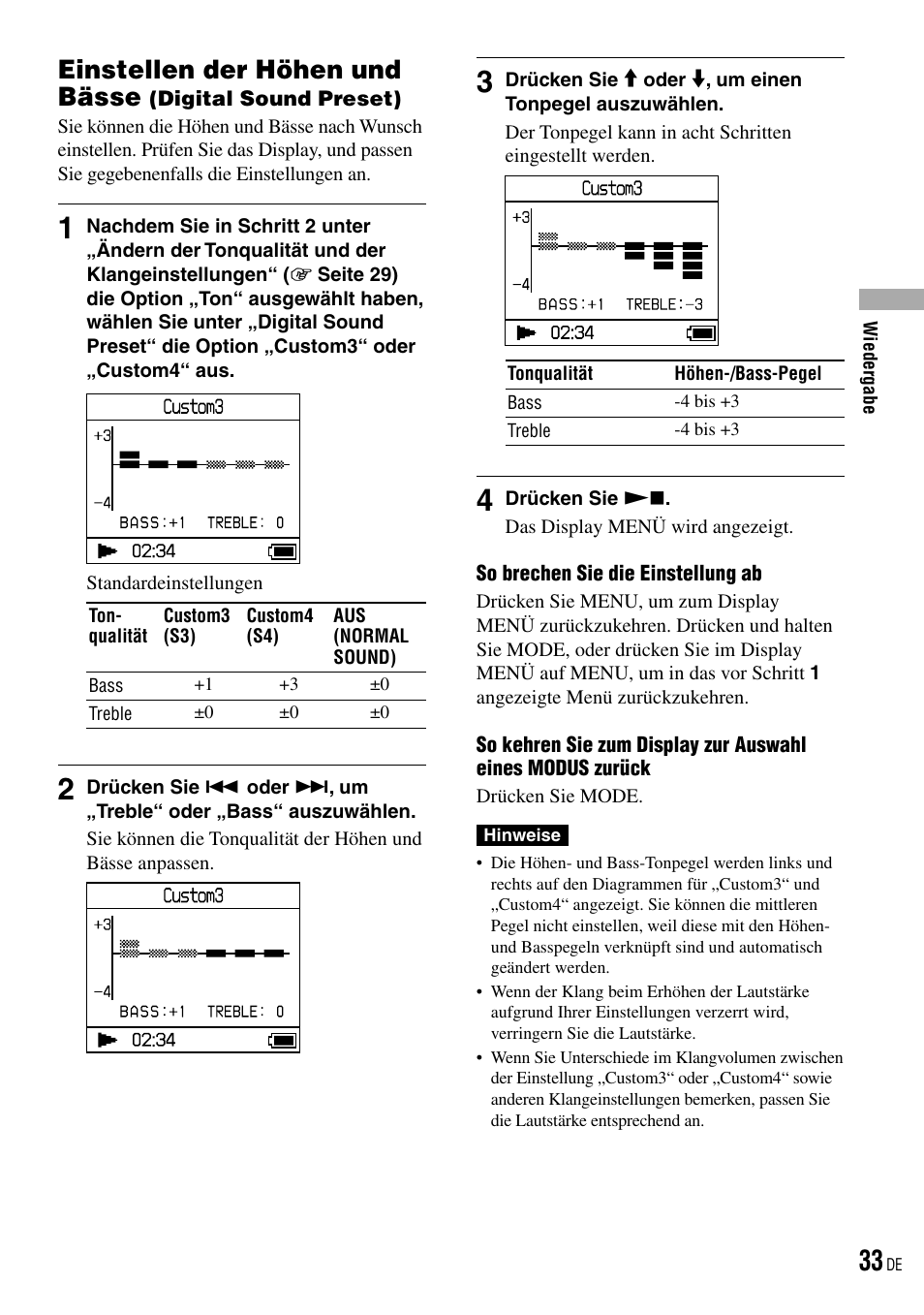 Einstellen der höhen und bässe, Digital sound preset), Weitere informationen auf seite 33) | Sony NW-HD3 User Manual | Page 291 / 358