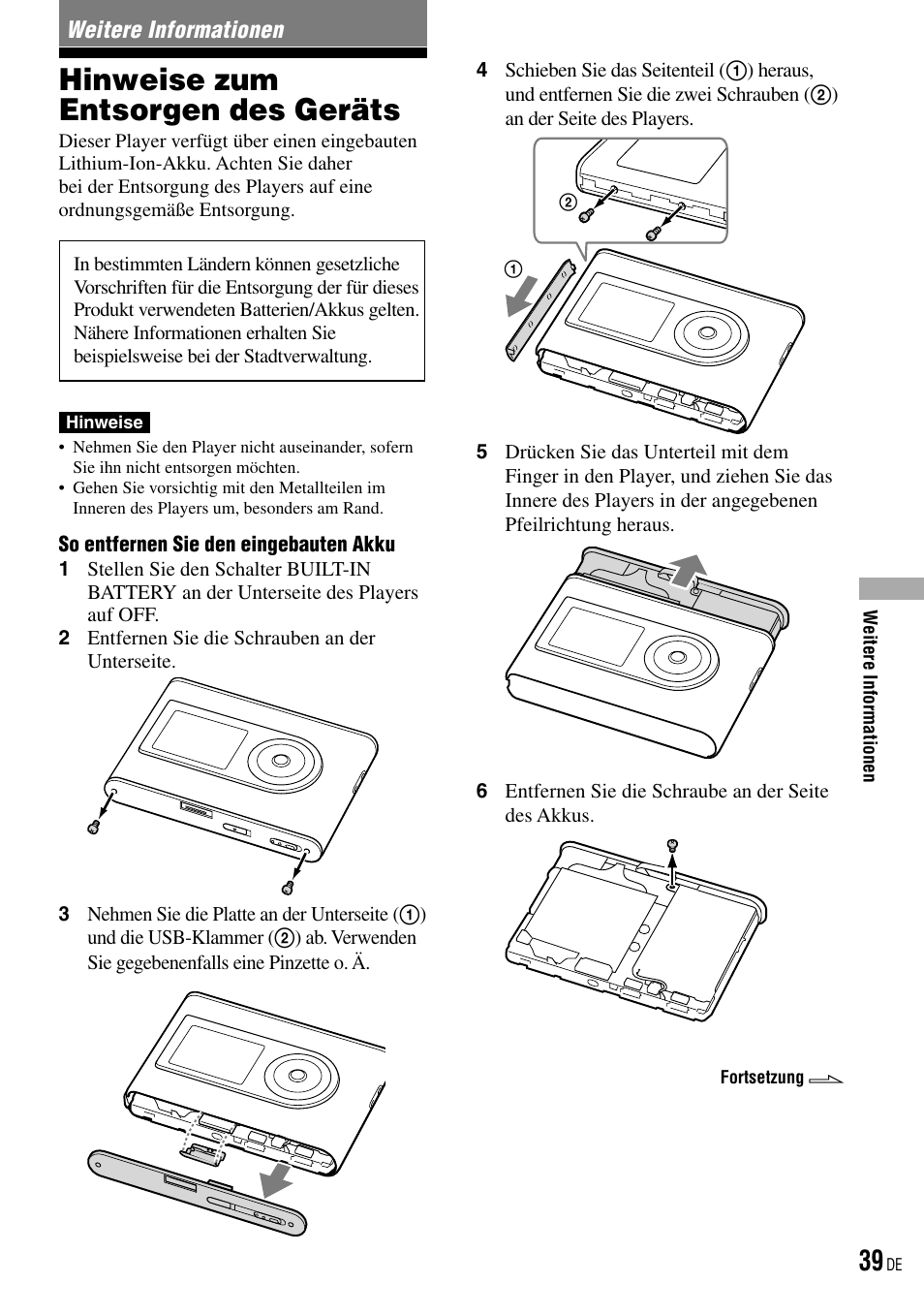 Weitere informationen, Hinweise zum entsorgen des geräts | Sony NW-HD3 User Manual | Page 297 / 358