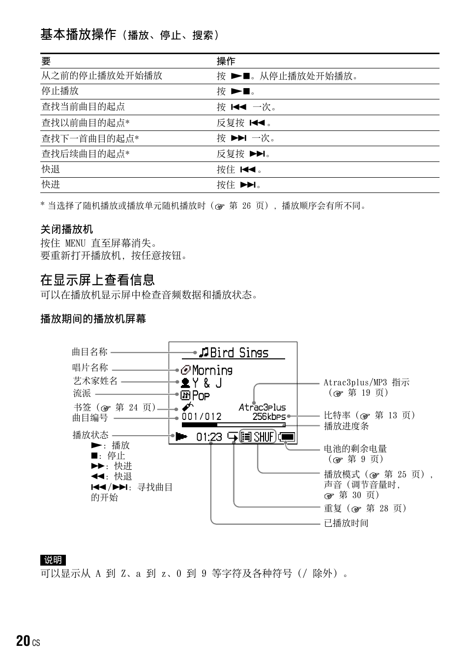 基本播放操作（播放、停止、搜索, 在显示屏上查看信息, 基本播放操作 | 播放、停止、搜索, 第 20, 20 页, 第 20 页 | Sony NW-HD3 User Manual | Page 328 / 358