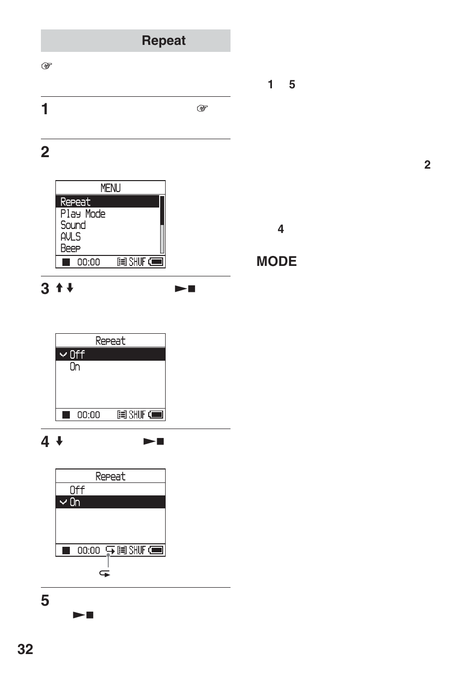 繰り返し聞く（repeat, 繰り返し聞く, Repeat | リピート再生, Mode | Sony NW-HD3 User Manual | Page 34 / 358
