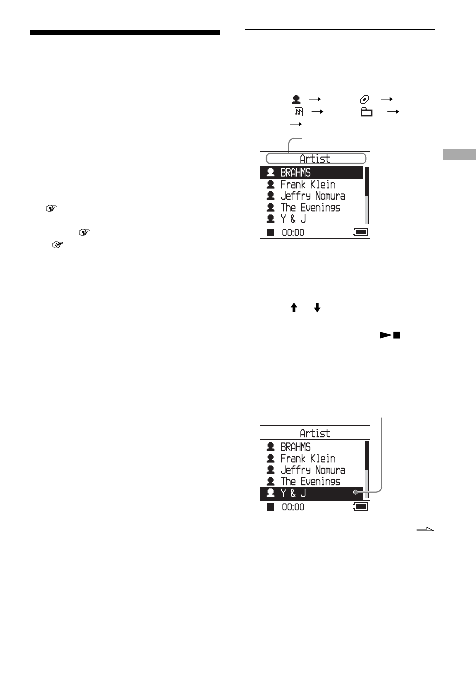 Playing back tracks selected by mode, Artist, album, genre, group, etc.) | Sony NW-HD3 User Manual | Page 79 / 358