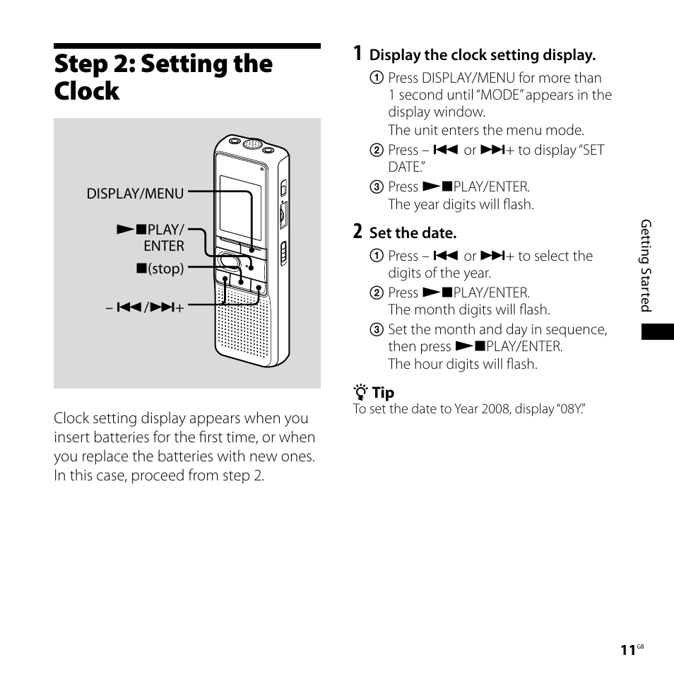Step 2: setting the clock | Sony ICD-P620 User Manual | Page 11 / 56