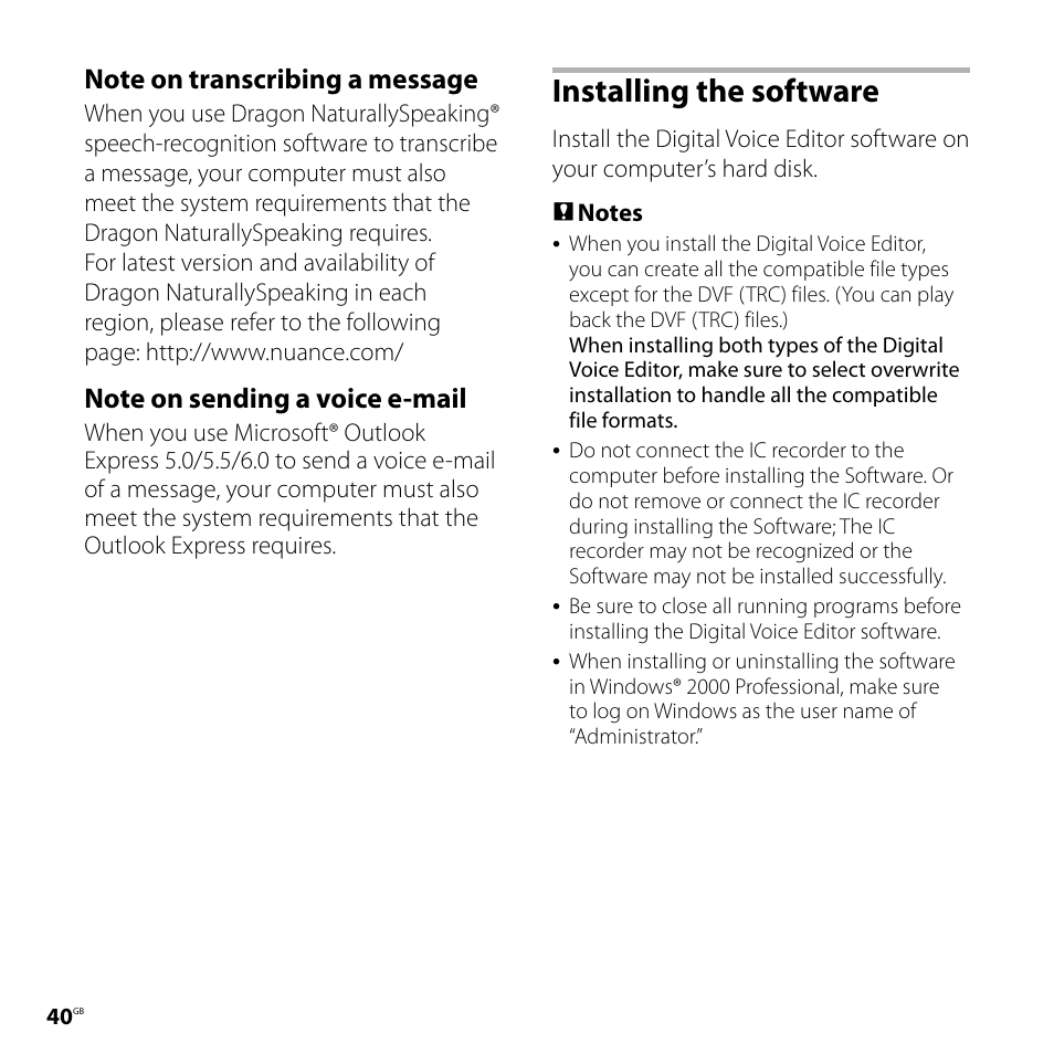 Installing the software | Sony ICD-P620 User Manual | Page 40 / 56