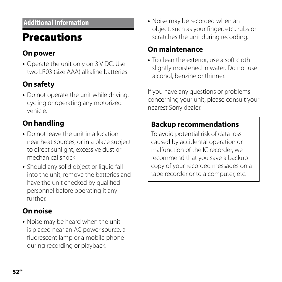 Additional information, Precautions, On power | On safety, On handling, On noise, On maintenance, Backup recommendations | Sony ICD-P620 User Manual | Page 52 / 56