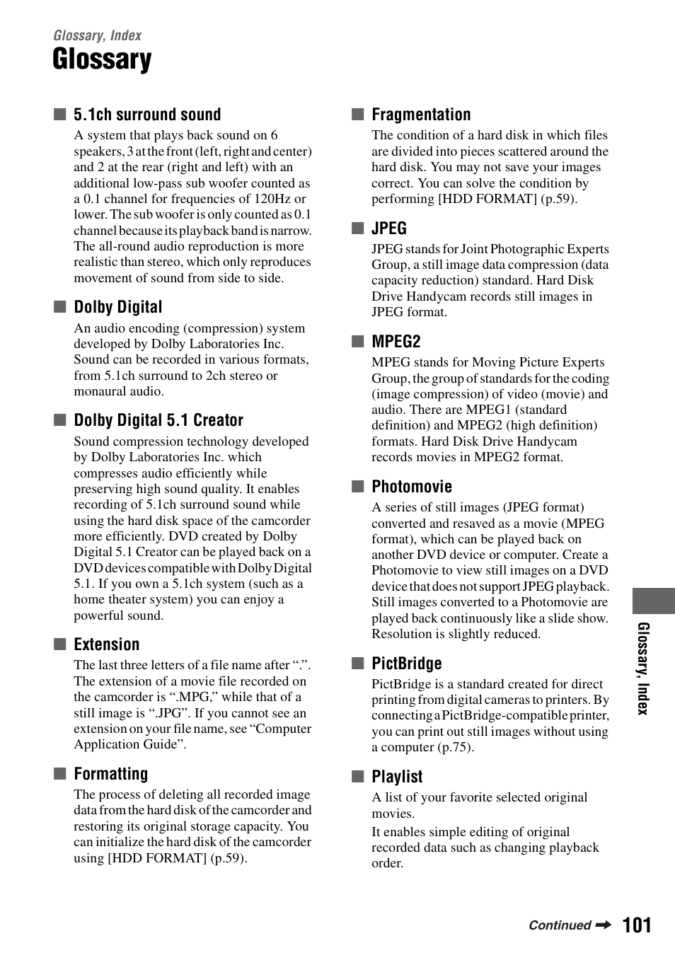 Glossary, index, Glossary, P.101 | P.101) | Sony DCR-SR100 User Manual | Page 101 / 107