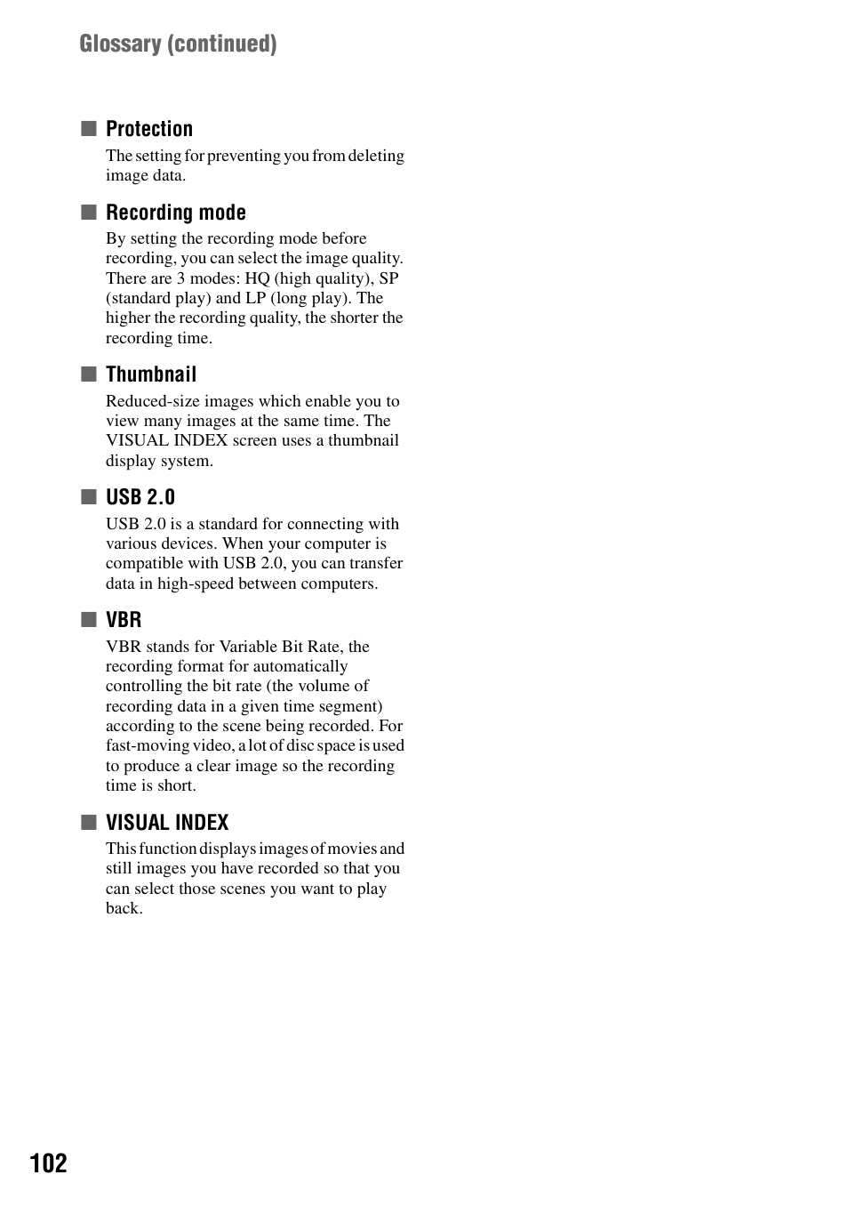P.102, Glossary (continued) | Sony DCR-SR100 User Manual | Page 102 / 107