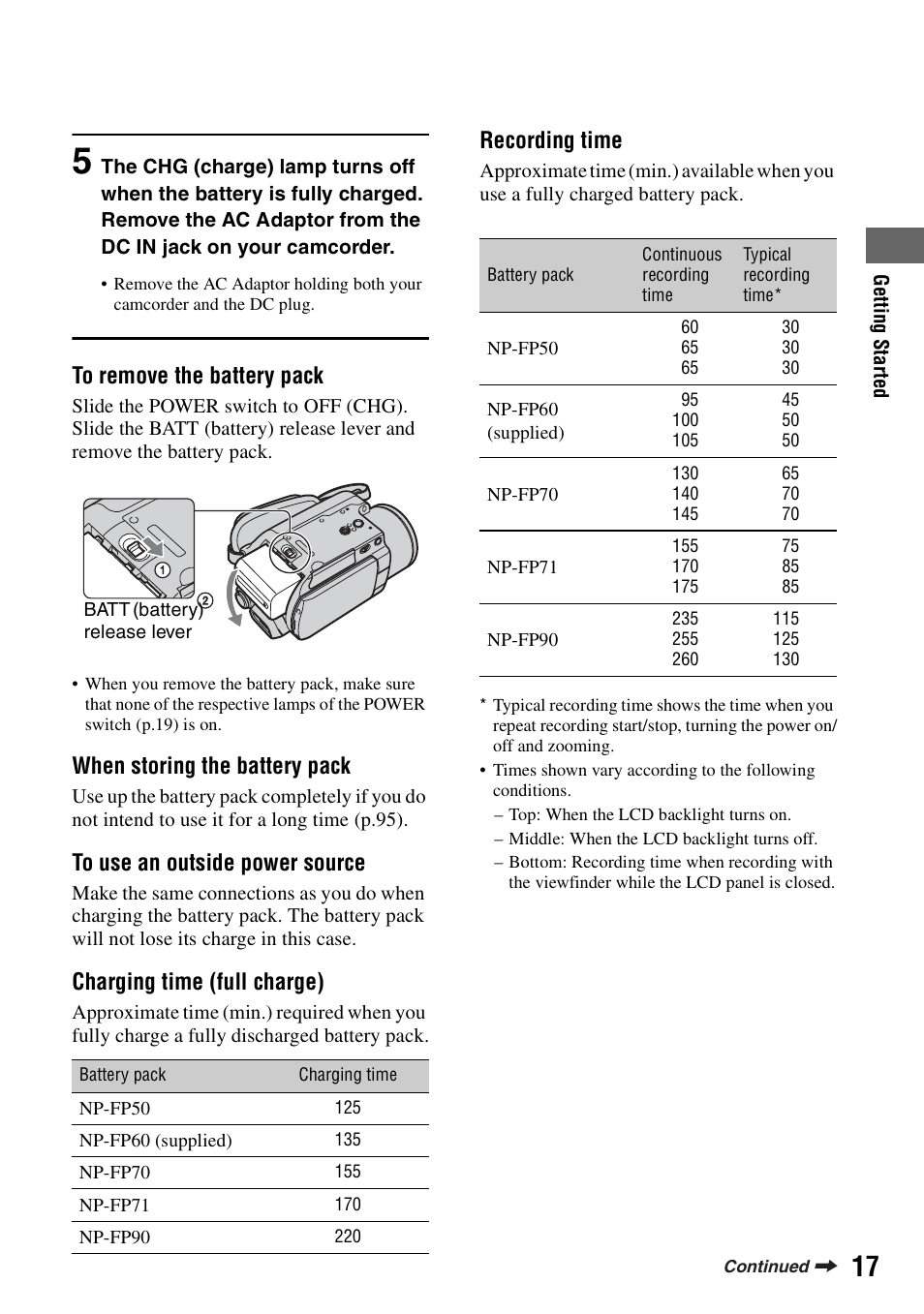 P.17, 1) (p.17), When storing the battery pack | Charging time (full charge), Recording time | Sony DCR-SR100 User Manual | Page 17 / 107