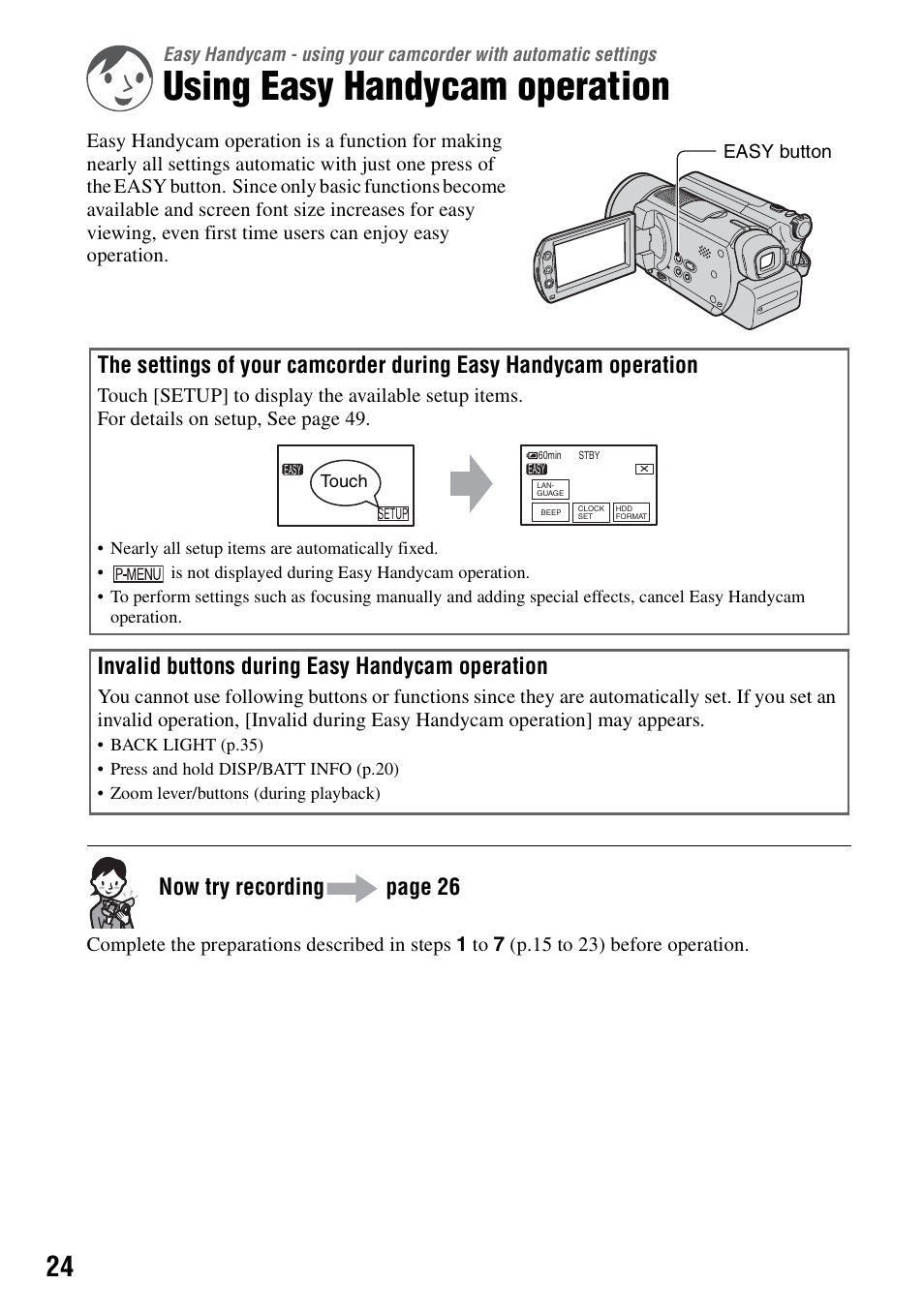 Using easy handycam operation, Now try recording page 26, Invalid buttons during easy handycam operation | Sony DCR-SR100 User Manual | Page 24 / 107