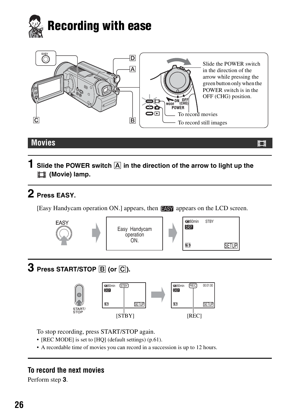 Recording with ease, Movies | Sony DCR-SR100 User Manual | Page 26 / 107