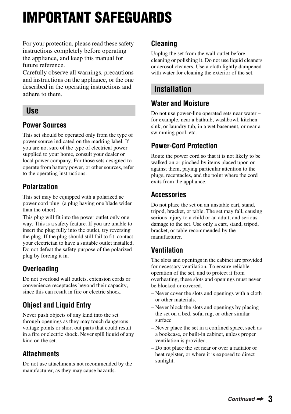 Important safeguards, Use installation | Sony DCR-SR100 User Manual | Page 3 / 107