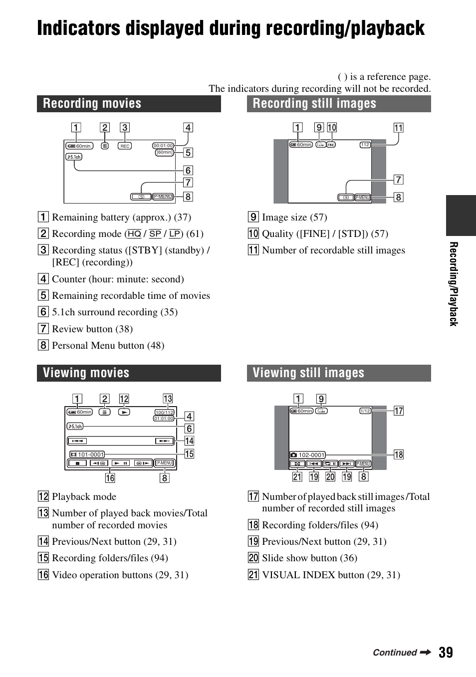 Indicators displayed during recording/playback, Recording movies recording still images, Viewing movies viewing still images | Sony DCR-SR100 User Manual | Page 39 / 107